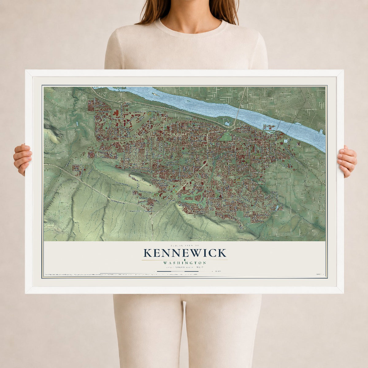 Map of Kennewick, Washington, 24 x 36 inch print in a white wood frame
