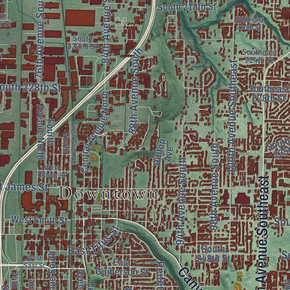 Close-up of the map of Kent, Washington print showing street and building detail