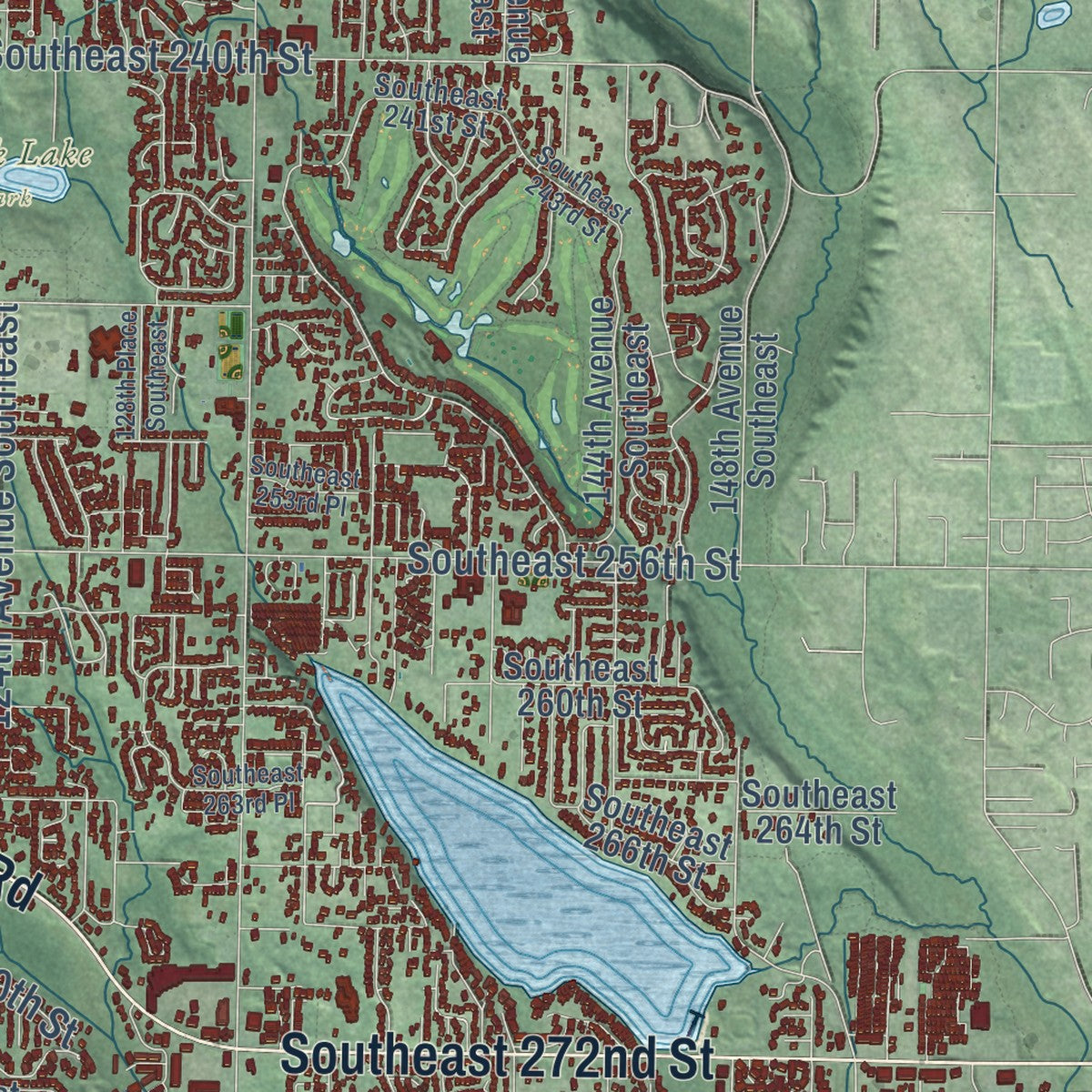 Second close-up of the map of Kent, Washington print showing more streets and buildings