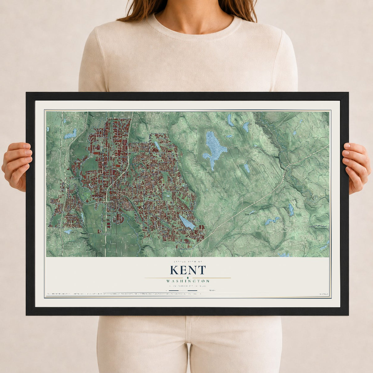 Map of Kent, Washington, 12 x 18 inch print in a black wood frame