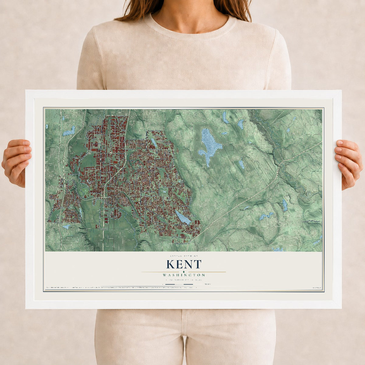 Map of Kent, Washington, 12 x 18 inch print in a white wood frame