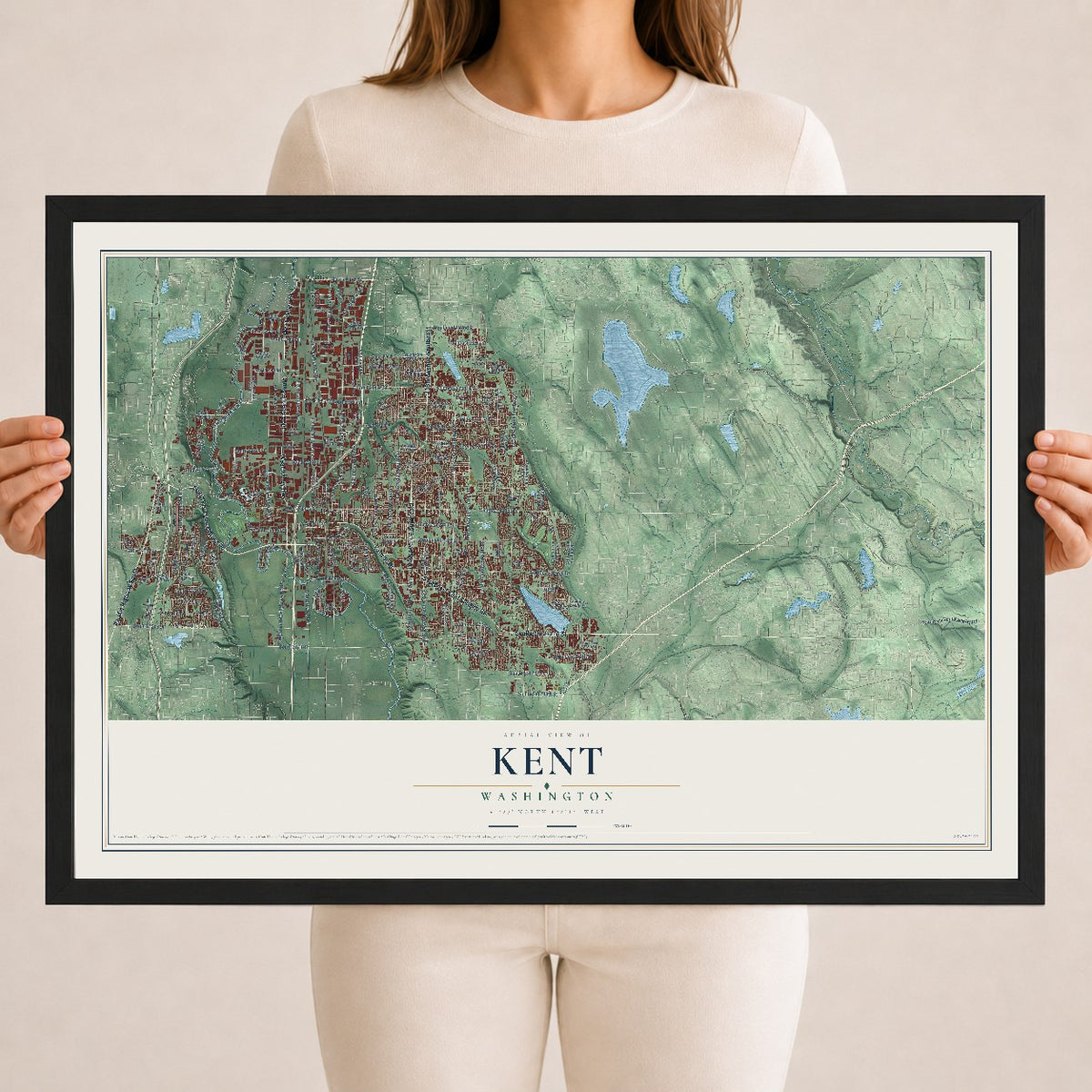 Map of Kent, Washington, 18 x 24 inch print in a black wood frame