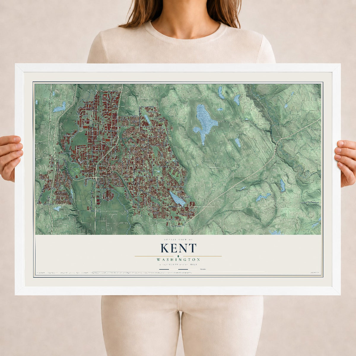 Map of Kent, Washington, 18 x 24 inch print in a white wood frame