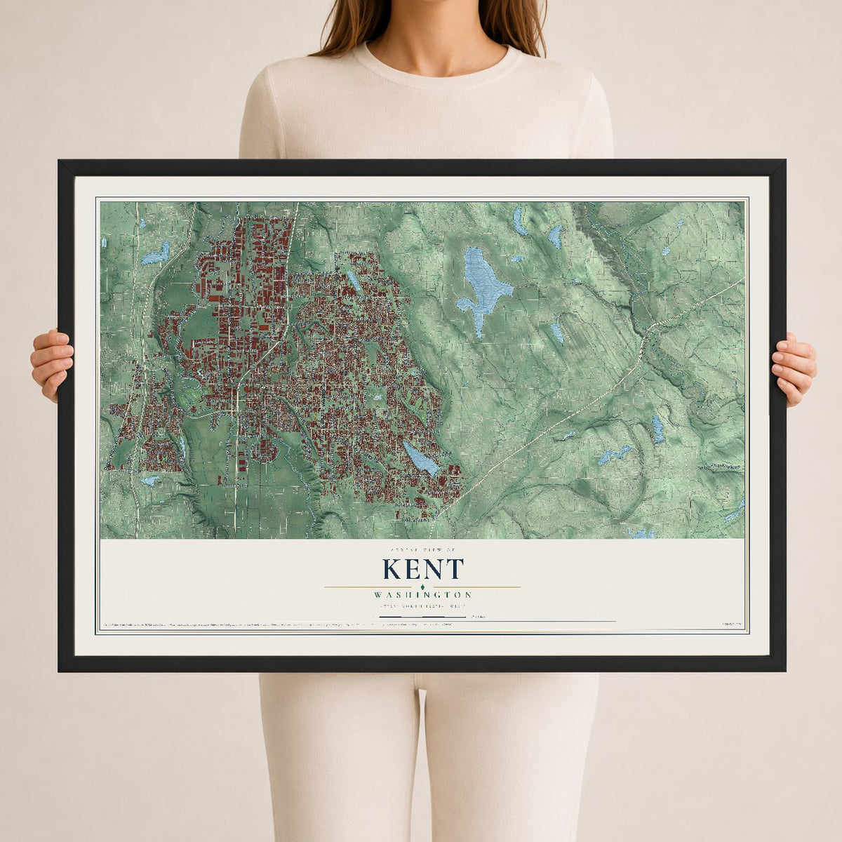 Map of Kent, Washington, 24 x 36 inch print in a black wood frame