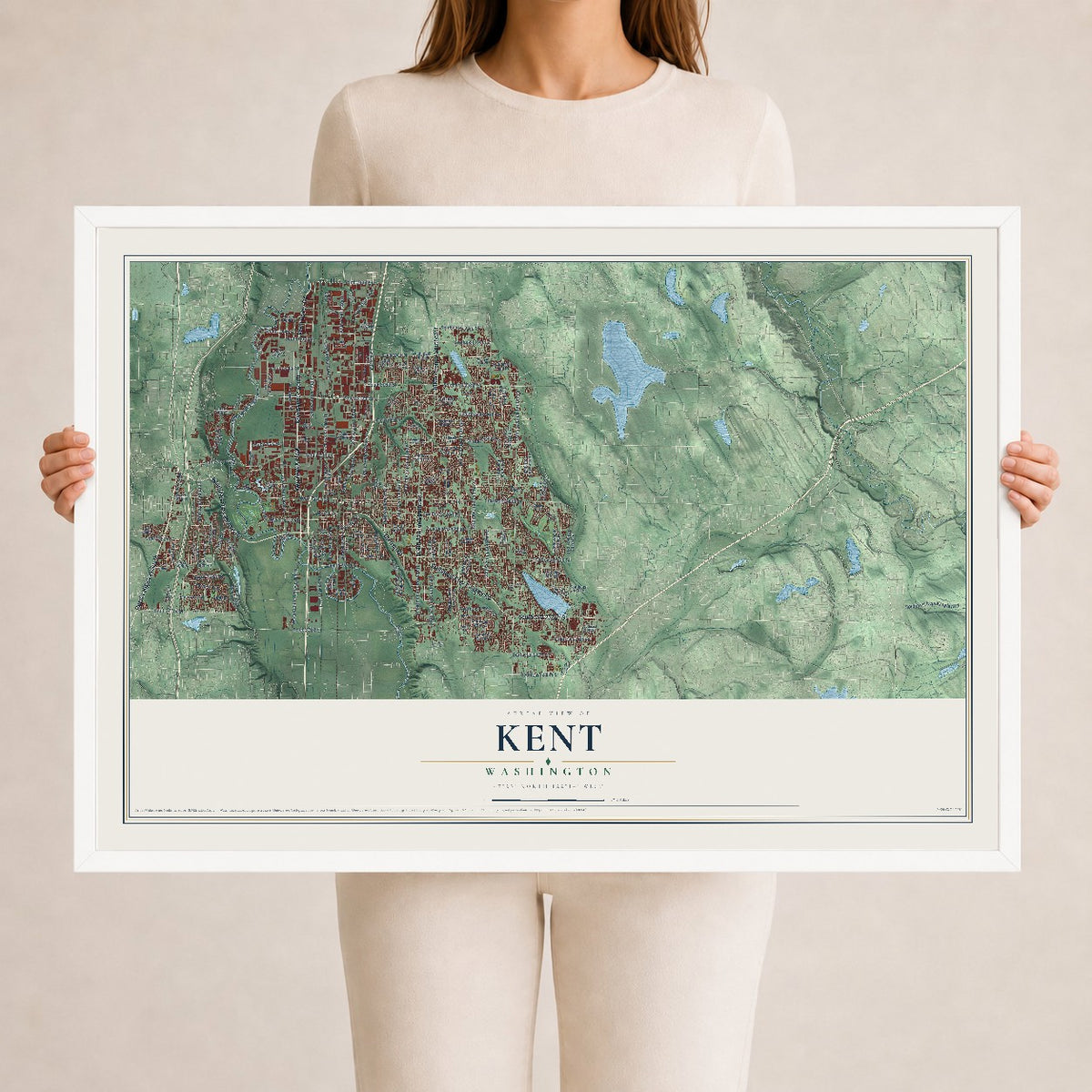 Map of Kent, Washington, 24 x 36 inch print in a white wood frame