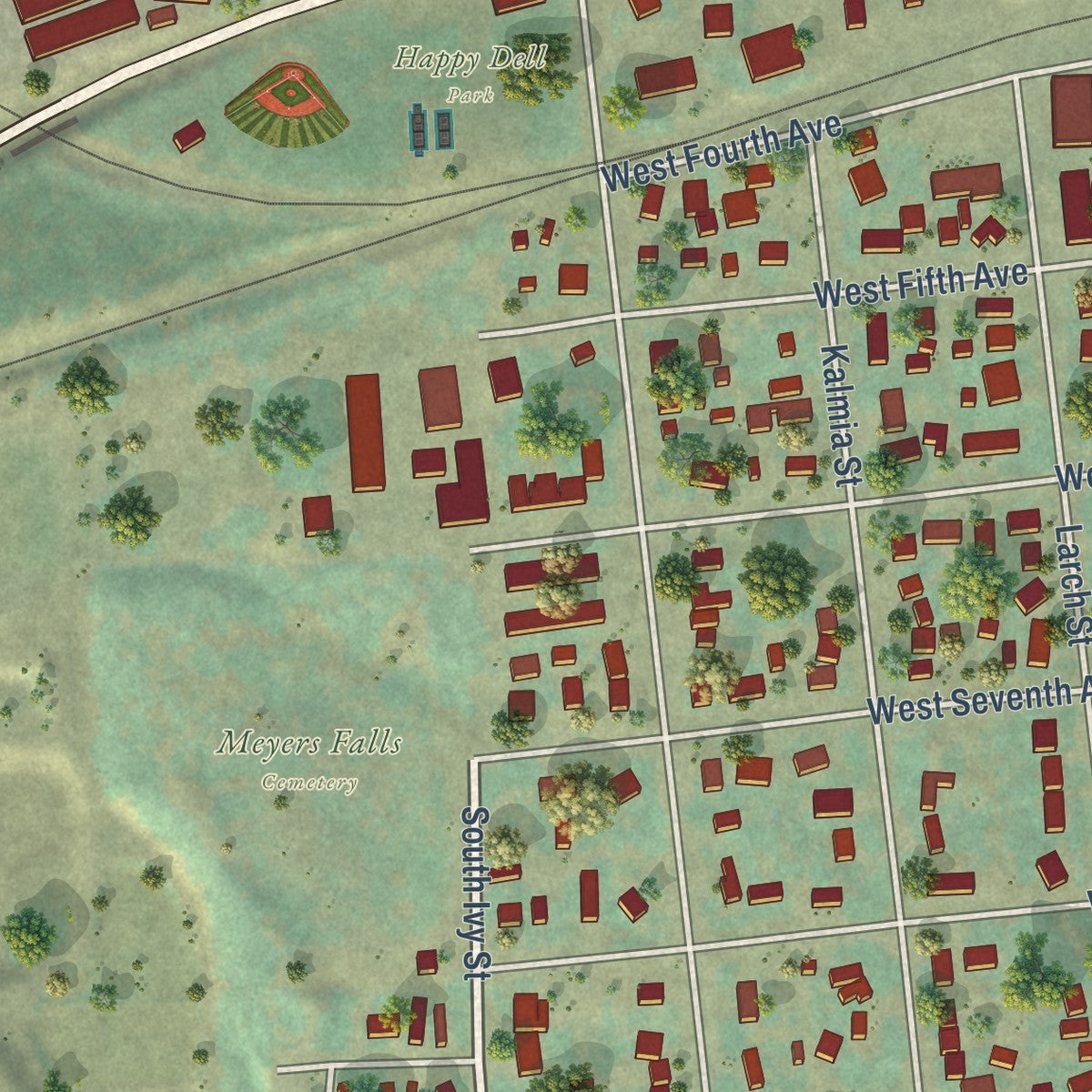 Second close-up of the map of Kettle Falls, Washington print showing more streets and buildings