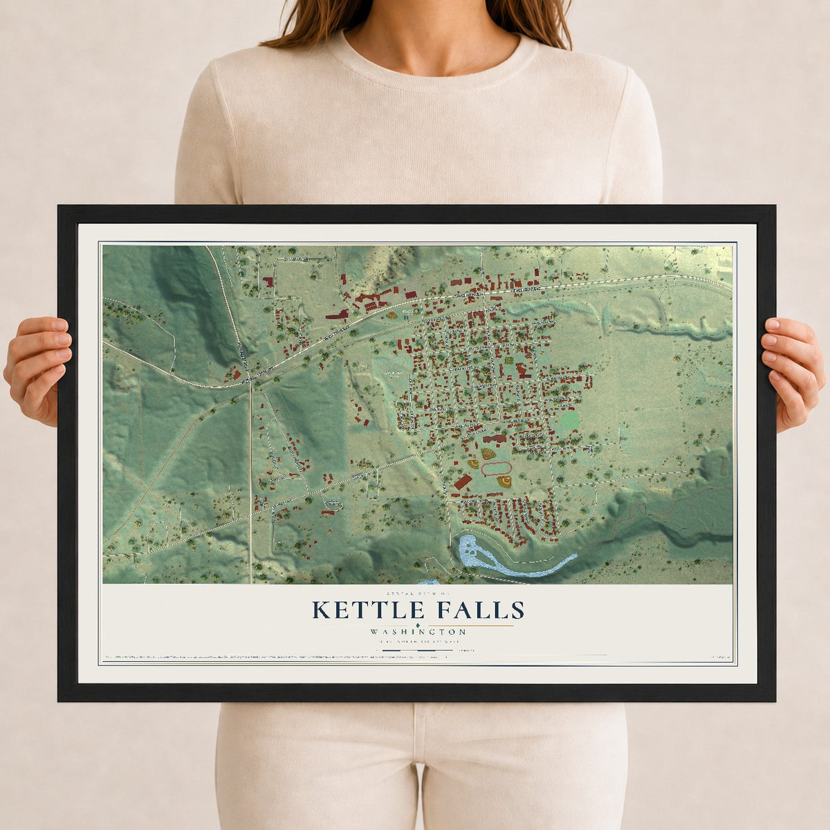 Map of Kettle Falls, Washington, 12 x 18 inch print in a black wood frame