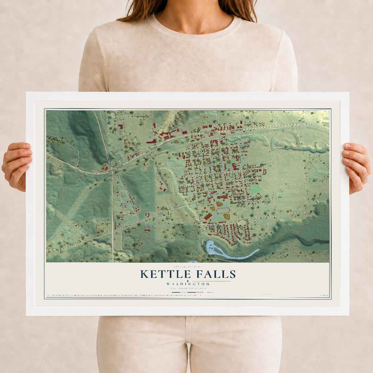 Map of Kettle Falls, Washington, 12 x 18 inch print in a white wood frame
