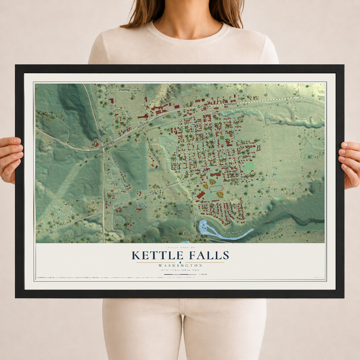 Map of Kettle Falls, Washington, 18 x 24 inch print in a black wood frame