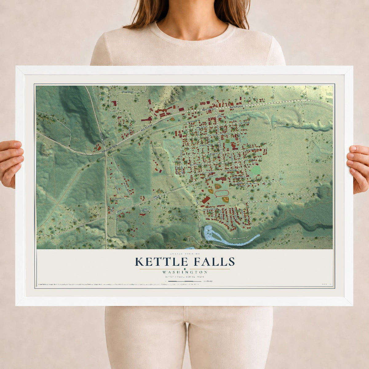 Map of Kettle Falls, Washington, 18 x 24 inch print in a white wood frame