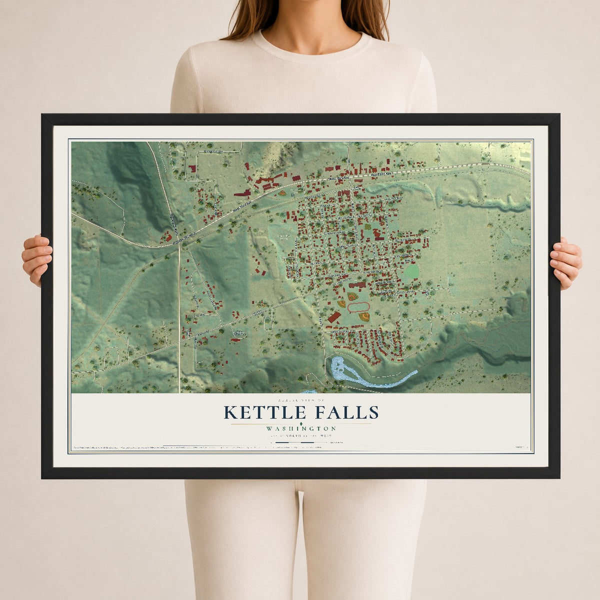 Map of Kettle Falls, Washington, 24 x 36 inch print in a black wood frame