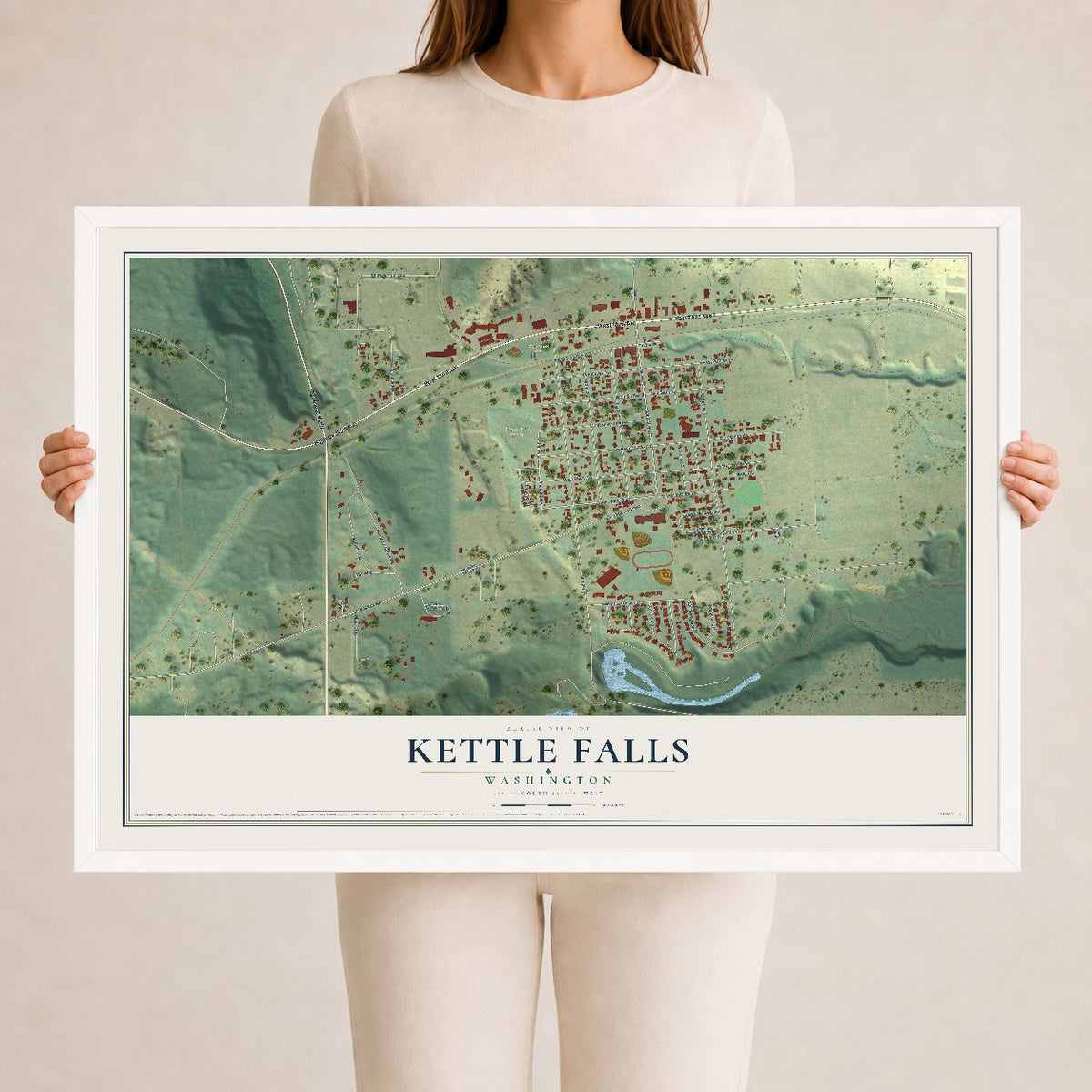 Map of Kettle Falls, Washington, 24 x 36 inch print in a white wood frame