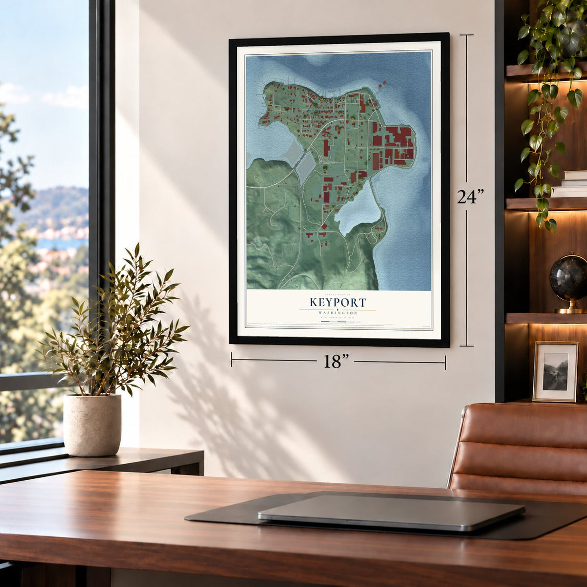 Keyport, Washington map, 18 x 24 inch print in a black frame in a home office