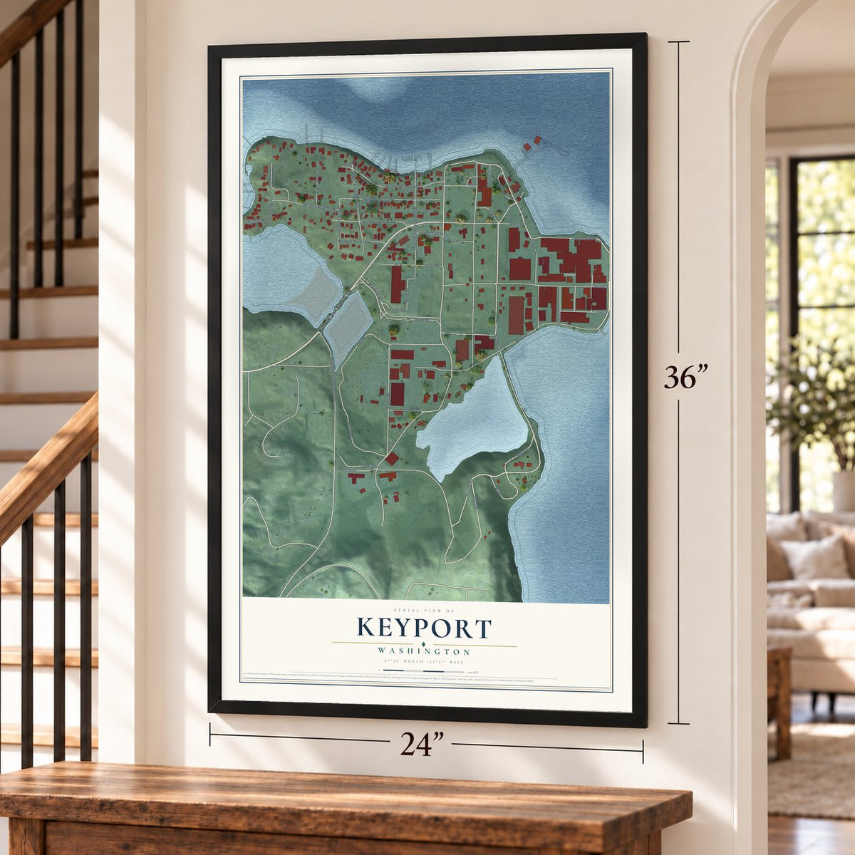 Keyport, Washington map, 24 x 36 inch print in a black frame by a staircase