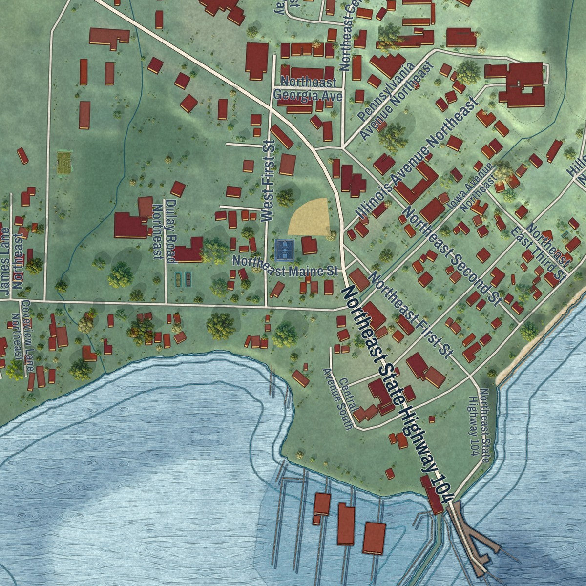 Close-up of the map of Kingston, Washington print showing street and building detail