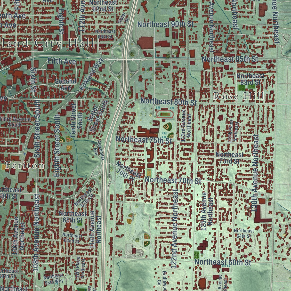 Close-up of the map of Kirkland, Washington print showing street and building detail