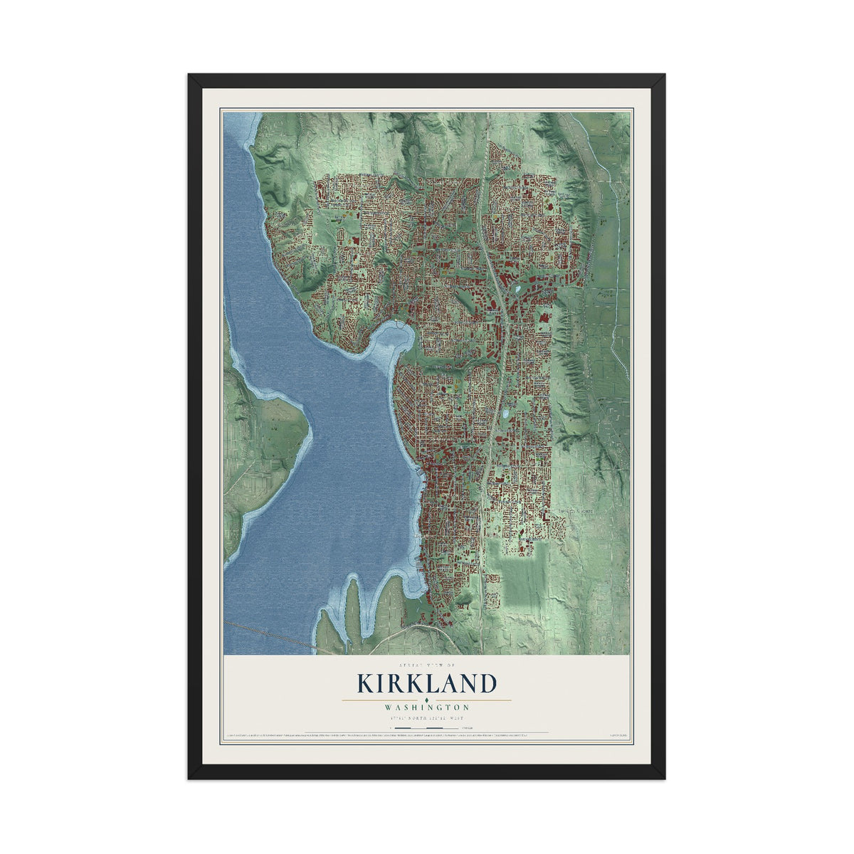Map of Kirkland, Washington, 12 x 18 inch print in a black wood frame