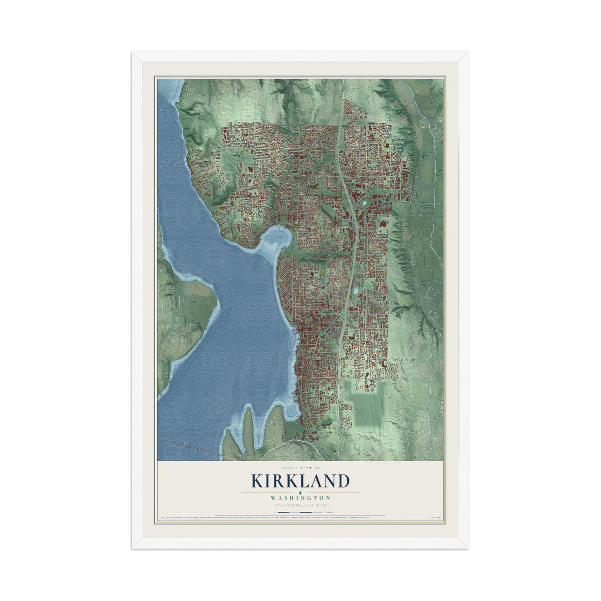 Map of Kirkland, Washington, 12 x 18 inch print in a white wood frame
