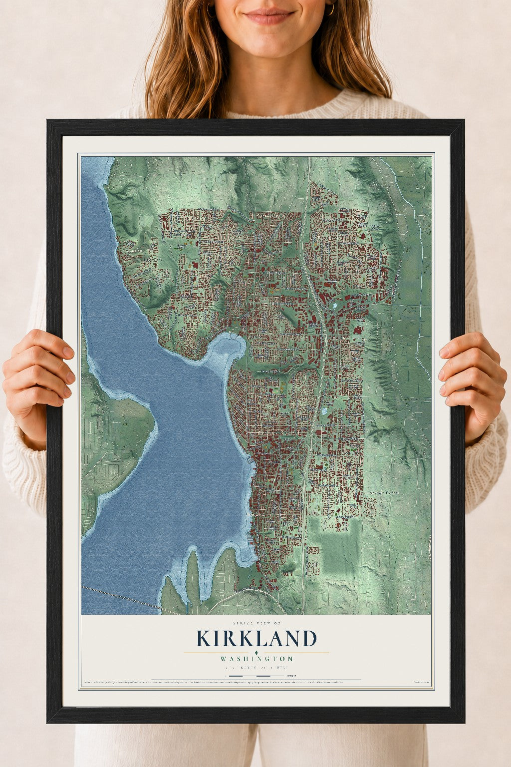 Map of Kirkland, Washington, 18 x 24 inch print in a black wood frame