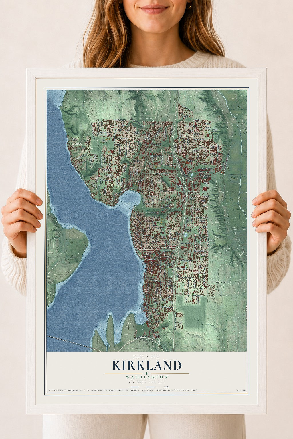 Map of Kirkland, Washington, 18 x 24 inch print in a white wood frame