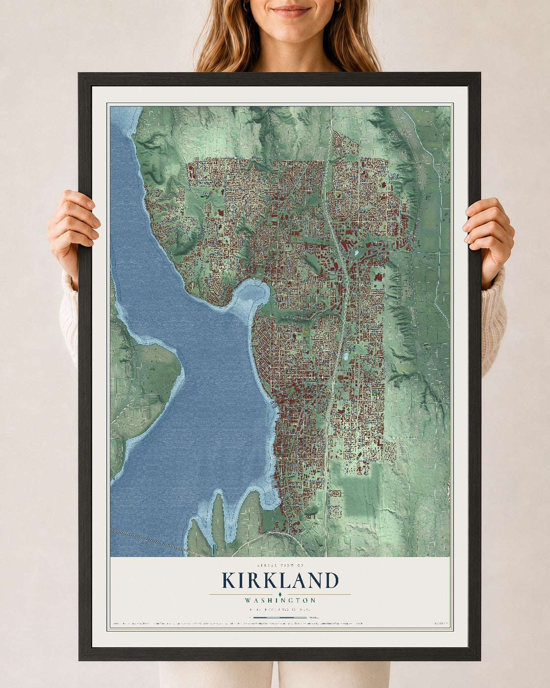 Map of Kirkland, Washington, 24 x 36 inch print in a black wood frame