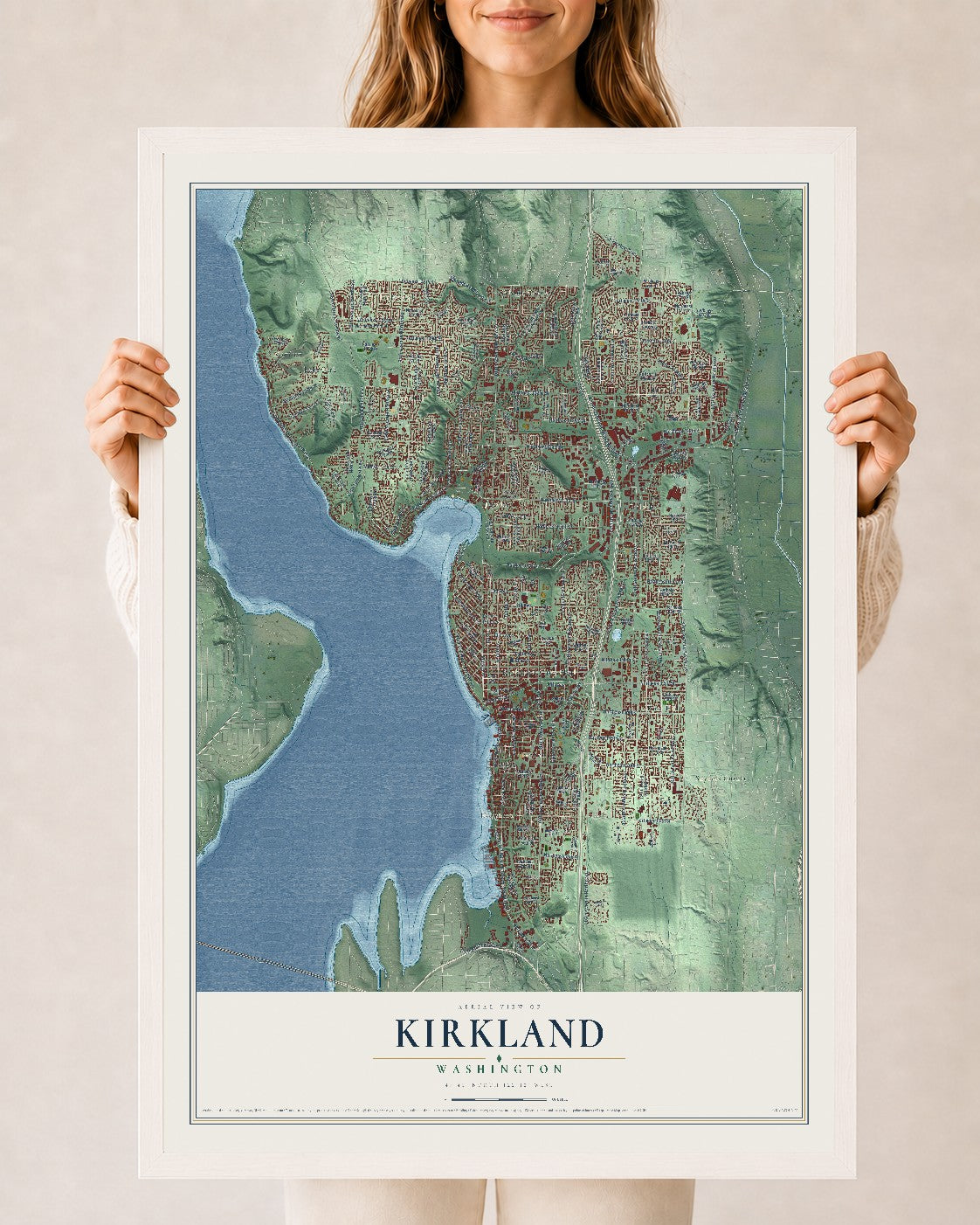 Map of Kirkland, Washington, 24 x 36 inch print in a white wood frame