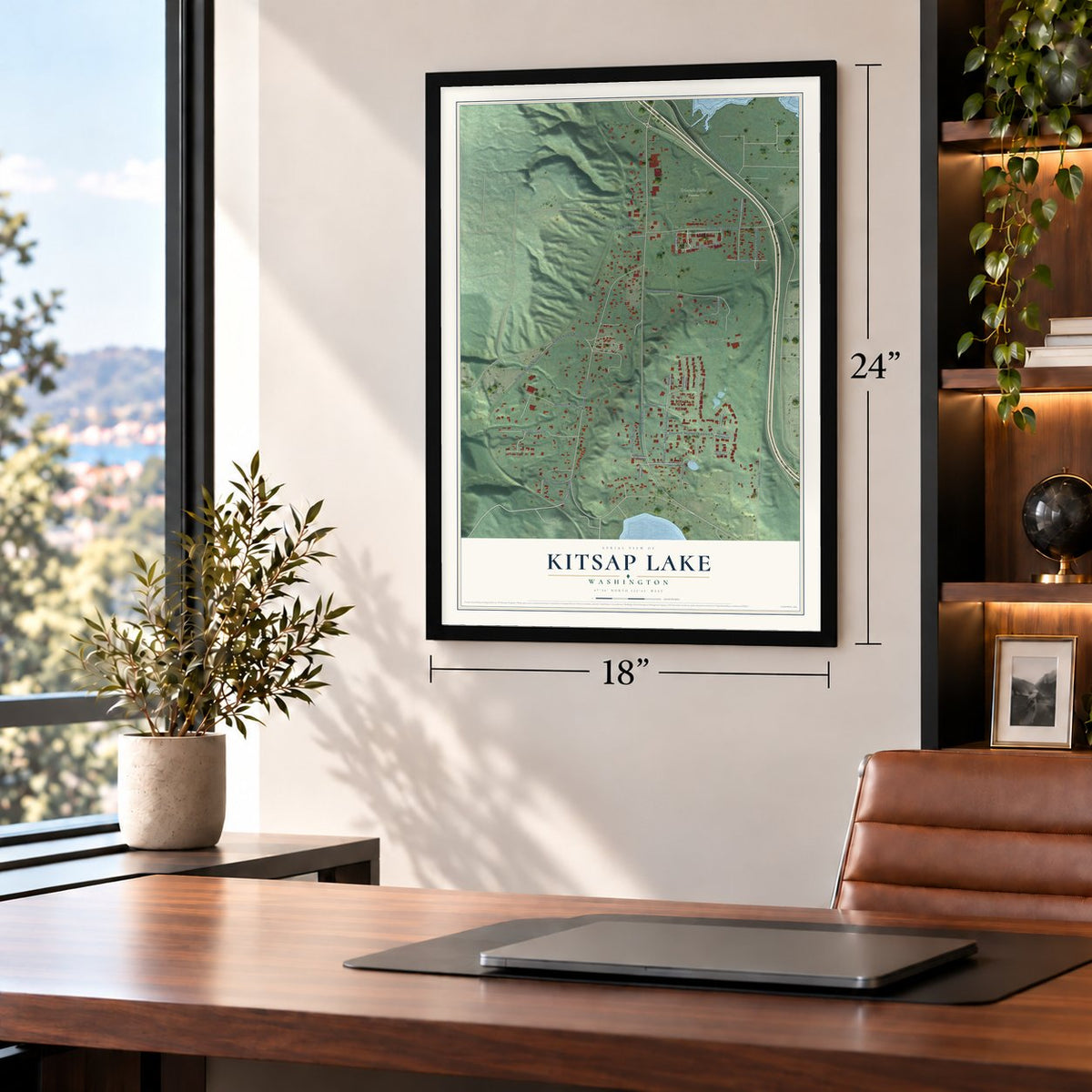 Kitsap Lake, Washington map, 18 x 24 inch print in a black frame in a home office