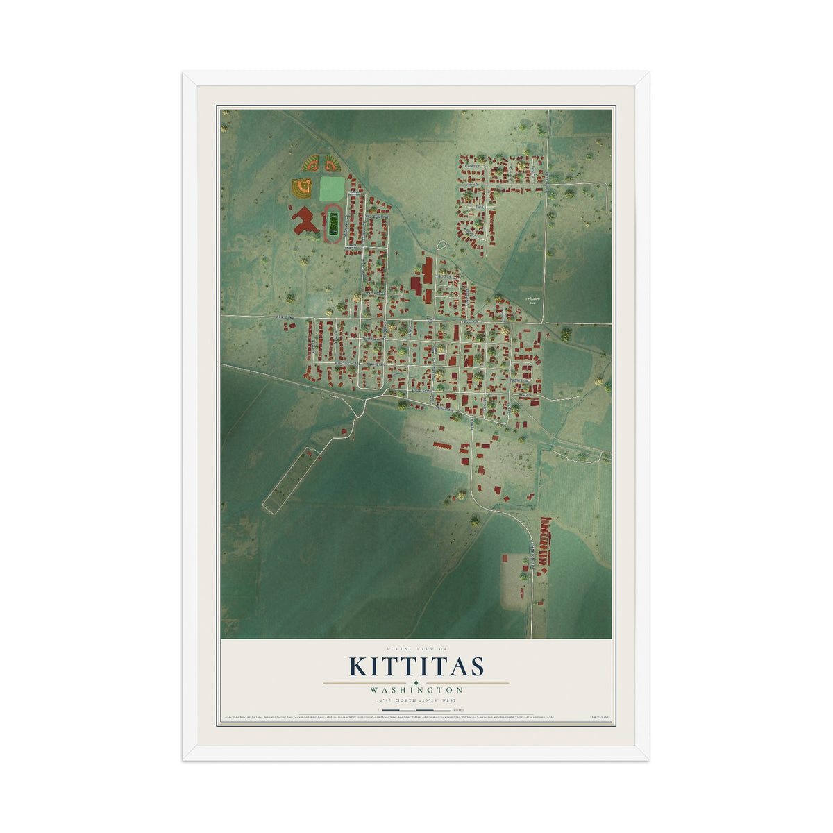 Map of Kittitas, Washington, 12 x 18 inch print in a white wood frame