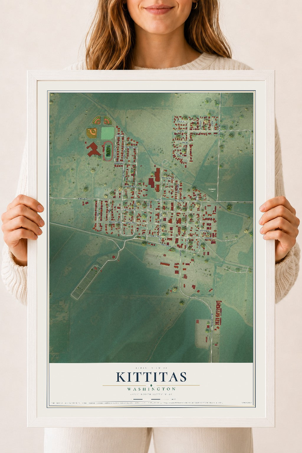 Map of Kittitas, Washington, 18 x 24 inch print in a white wood frame
