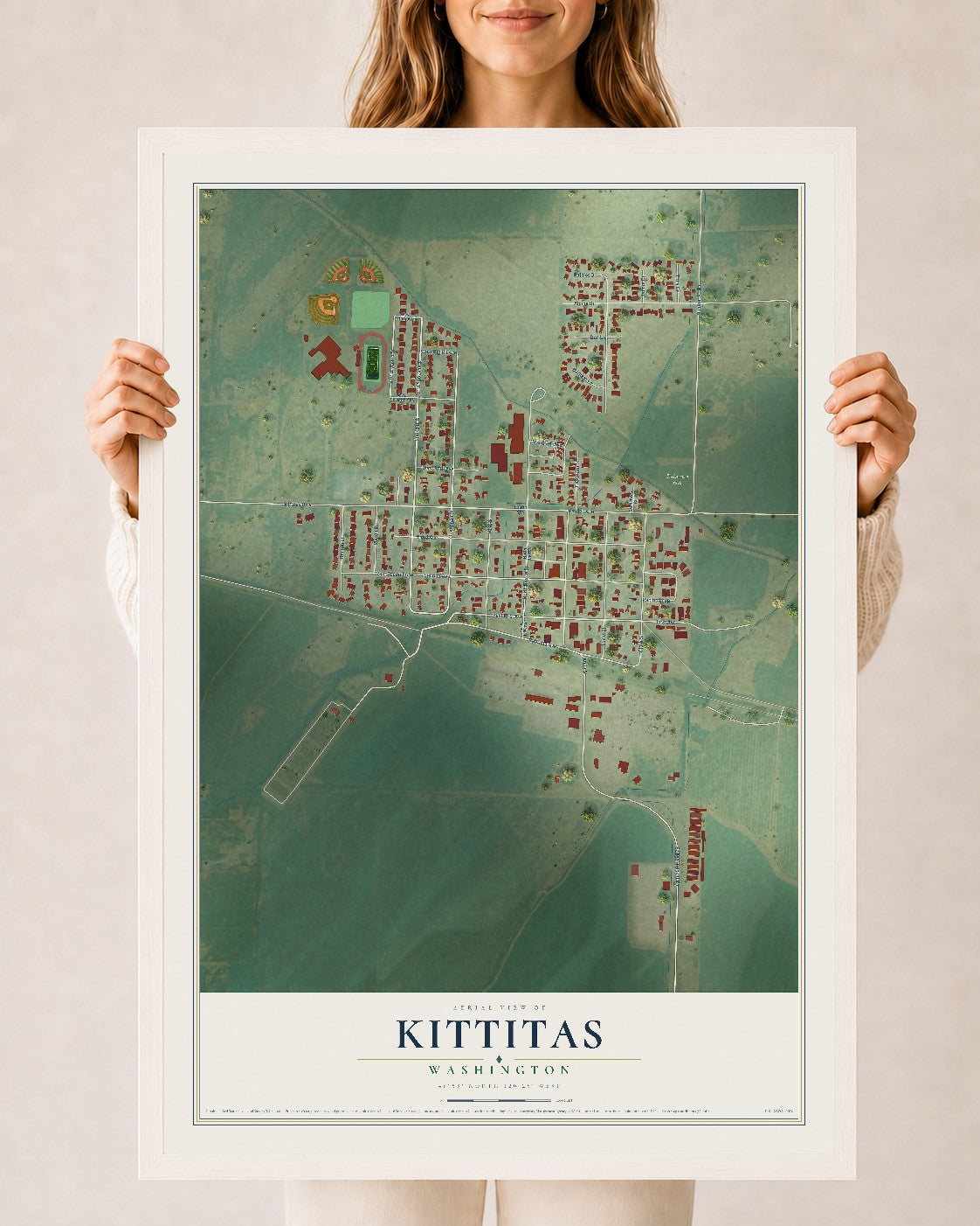 Map of Kittitas, Washington, 24 x 36 inch print in a white wood frame