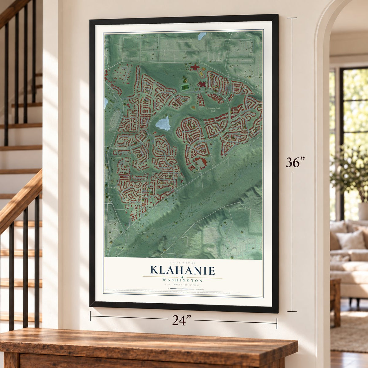 Klahanie, Washington map, 24 x 36 inch print in a black frame by a staircase