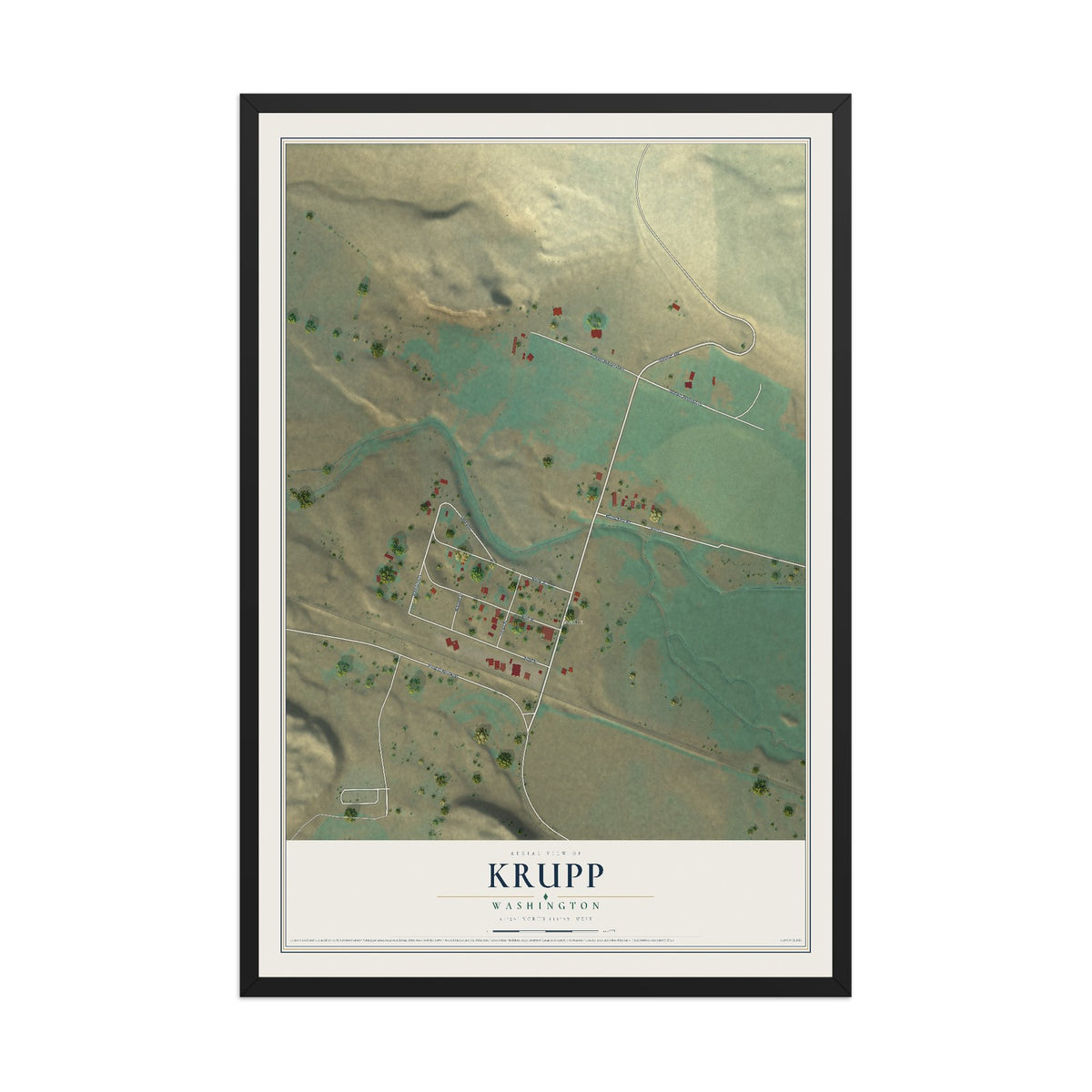 Map of Krupp, Washington, 12 x 18 inch print in a black wood frame