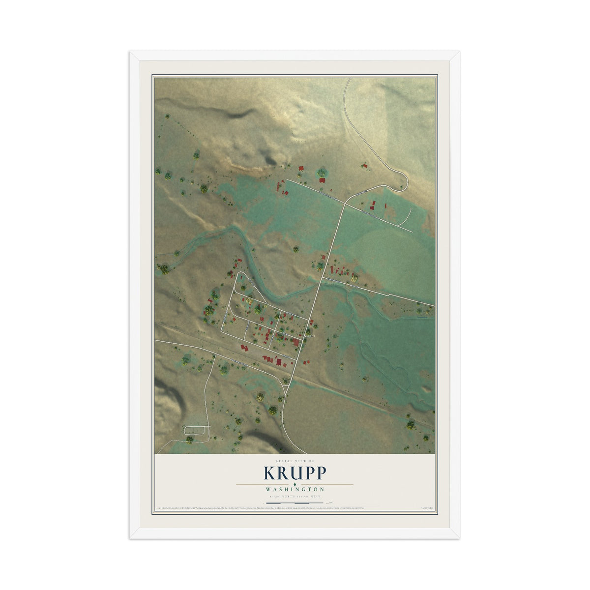 Map of Krupp, Washington, 12 x 18 inch print in a white wood frame