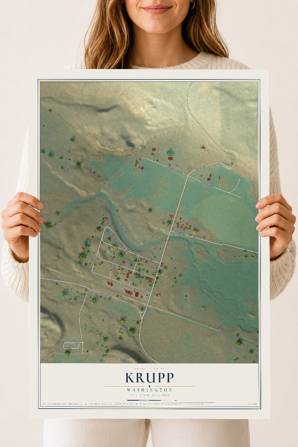 Map of Krupp, Washington, 18 x 24 inch unframed archival matte print