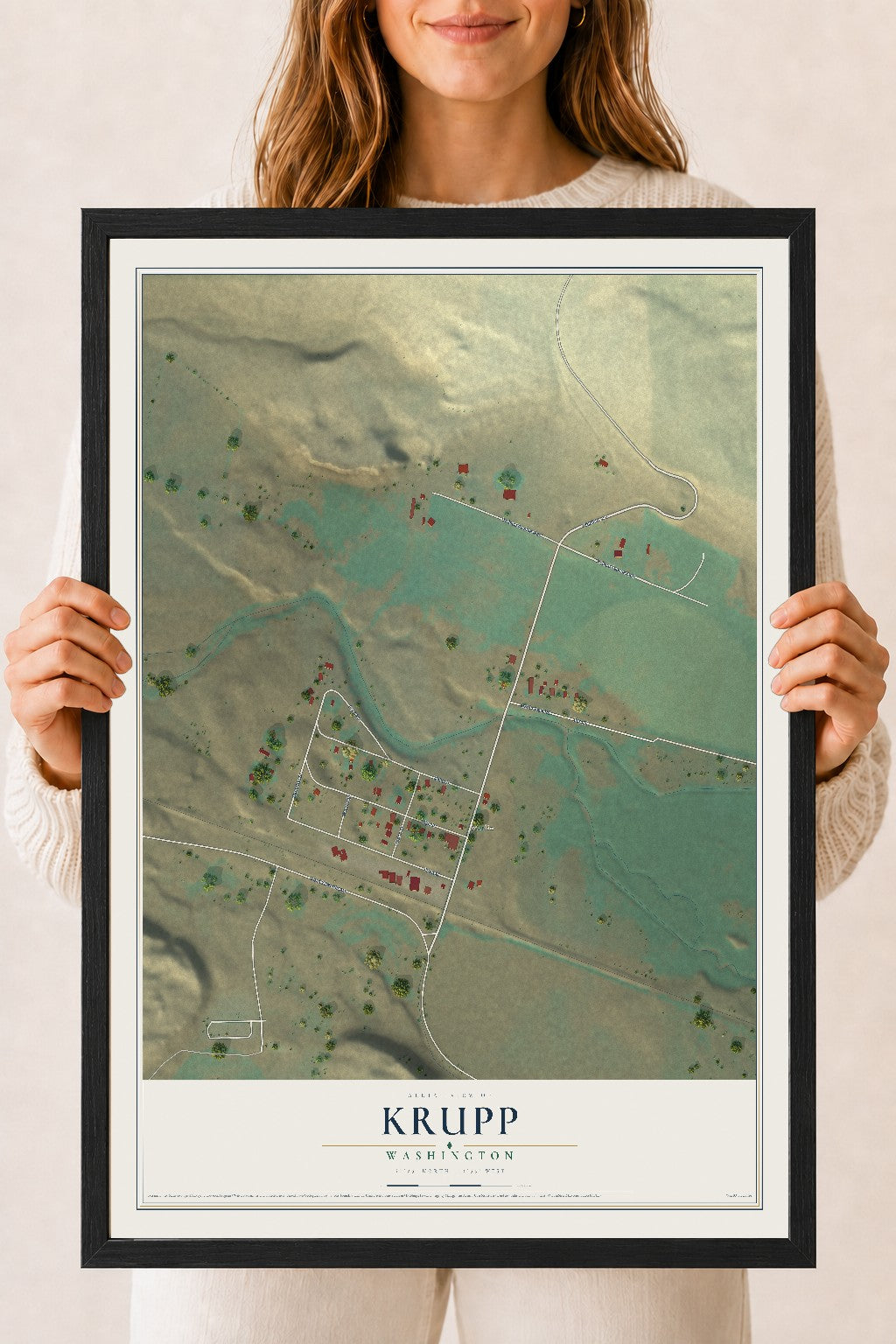 Map of Krupp, Washington, 18 x 24 inch print in a black wood frame