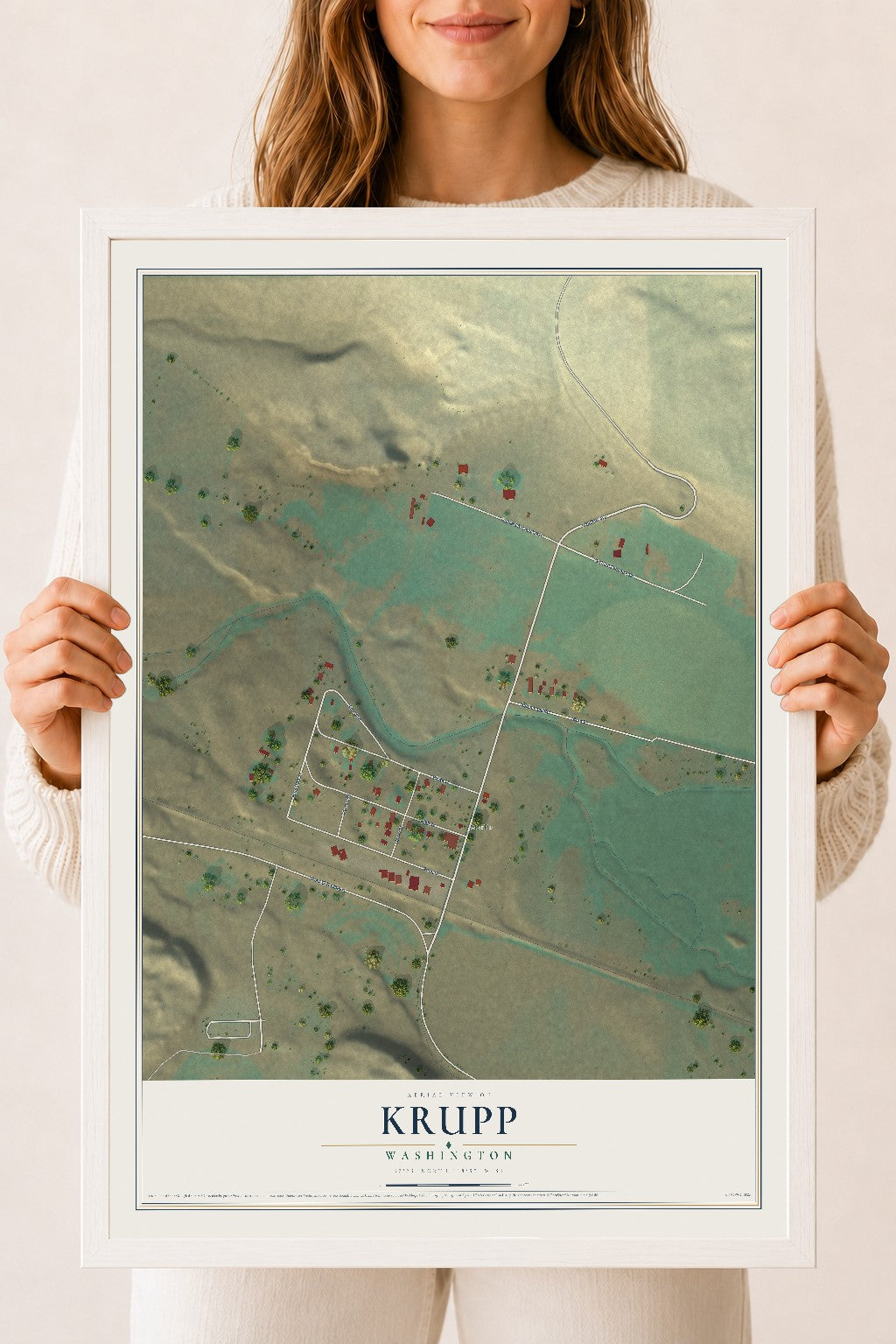 Map of Krupp, Washington, 18 x 24 inch print in a white wood frame
