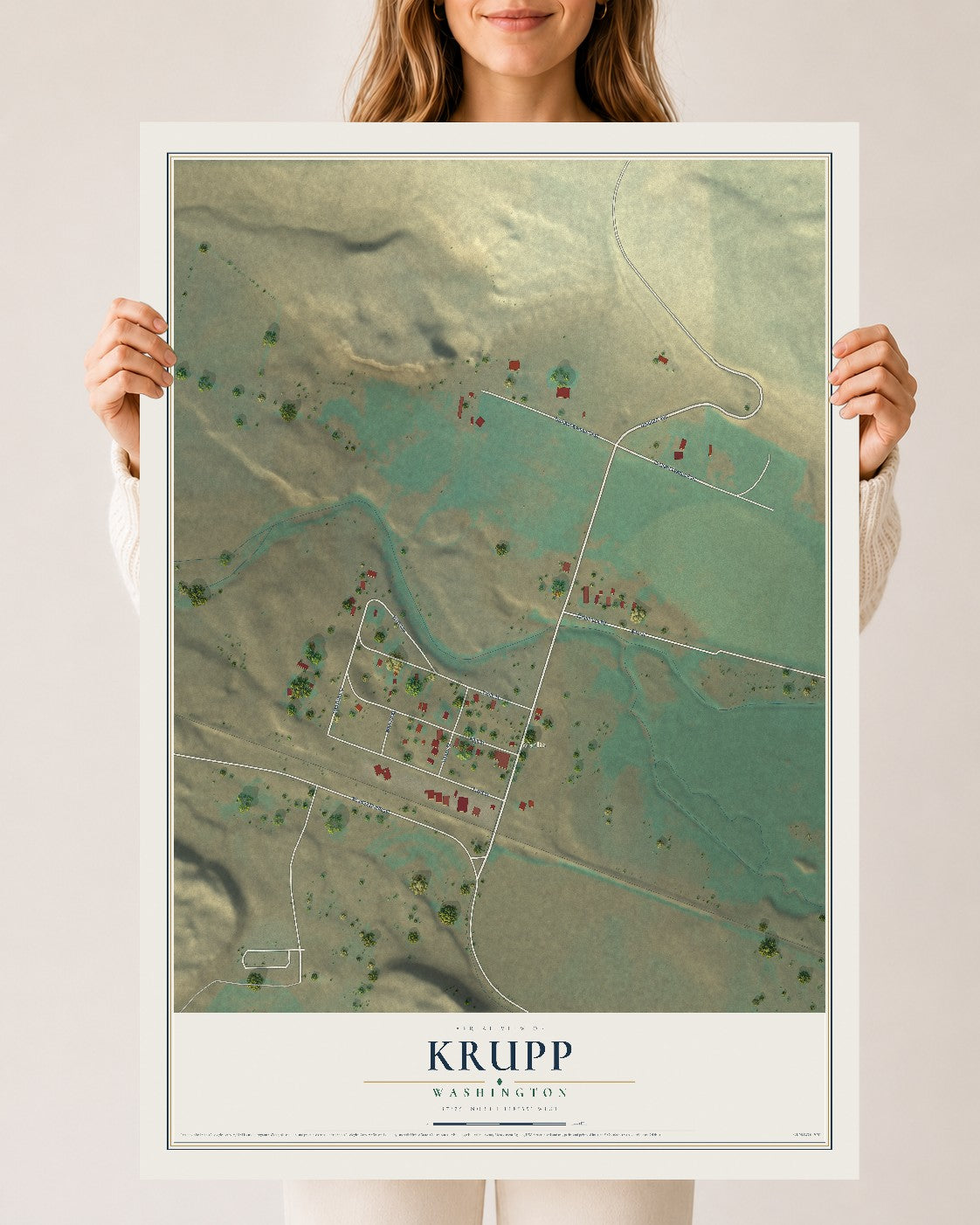 Map of Krupp, Washington, 24 x 36 inch unframed archival matte print