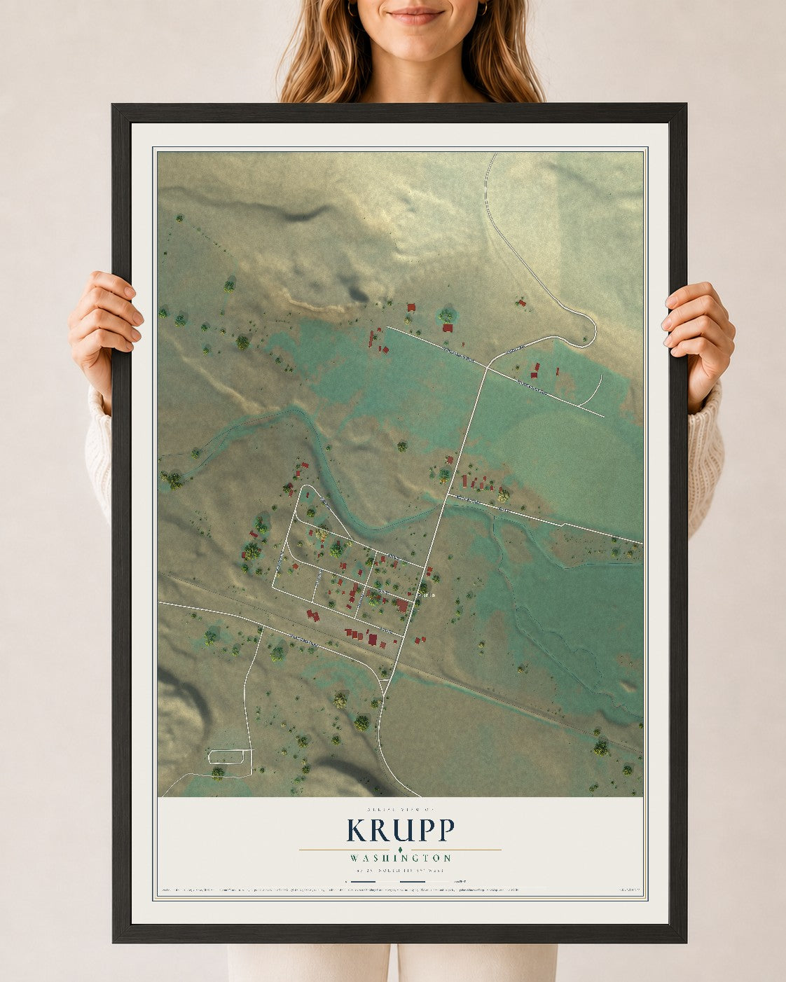 Map of Krupp, Washington, 24 x 36 inch print in a black wood frame