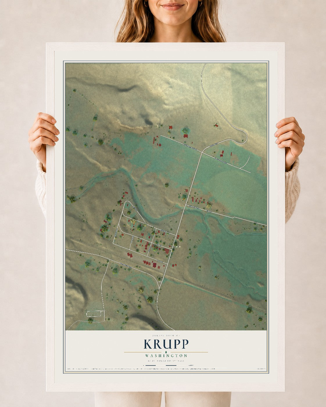 Map of Krupp, Washington, 24 x 36 inch print in a white wood frame