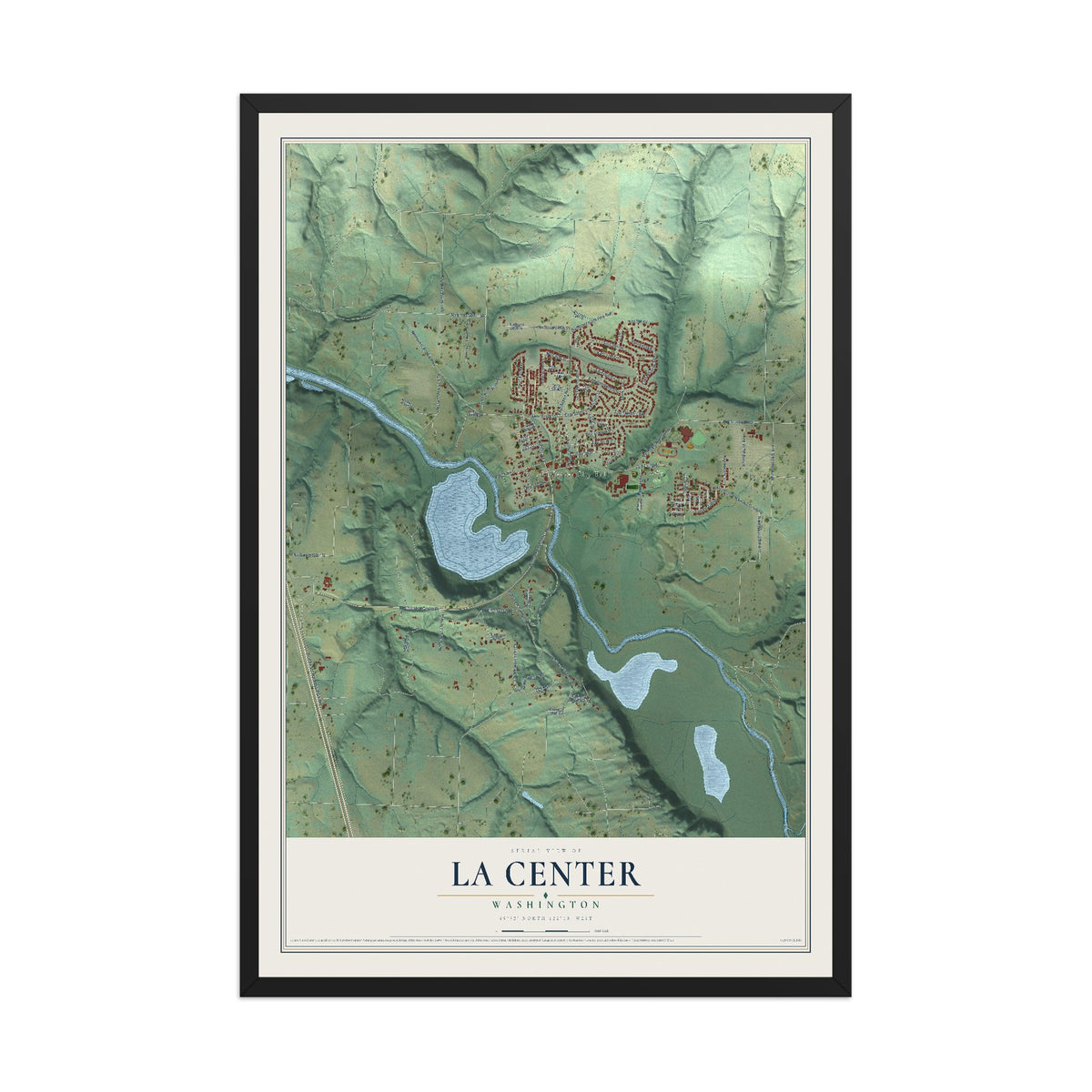 Map of La Center, Washington, 12 x 18 inch print in a black wood frame