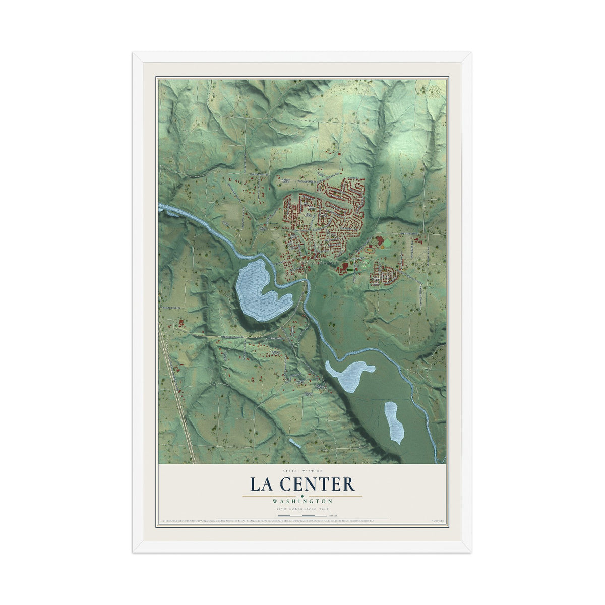Map of La Center, Washington, 12 x 18 inch print in a white wood frame