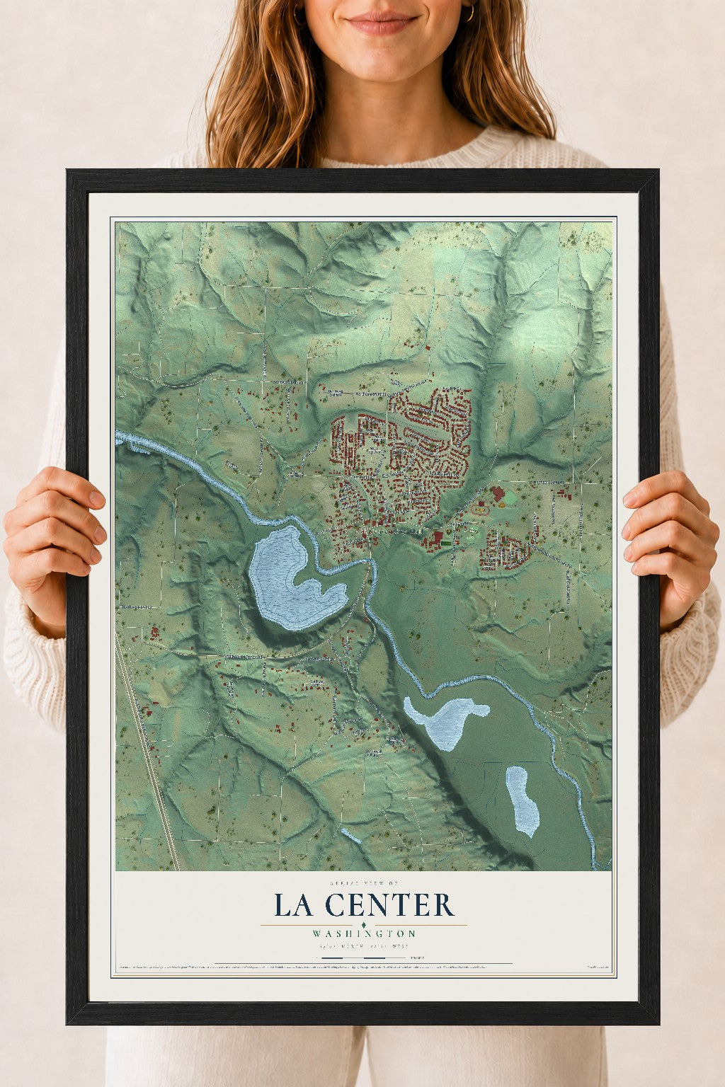 Map of La Center, Washington, 18 x 24 inch print in a black wood frame