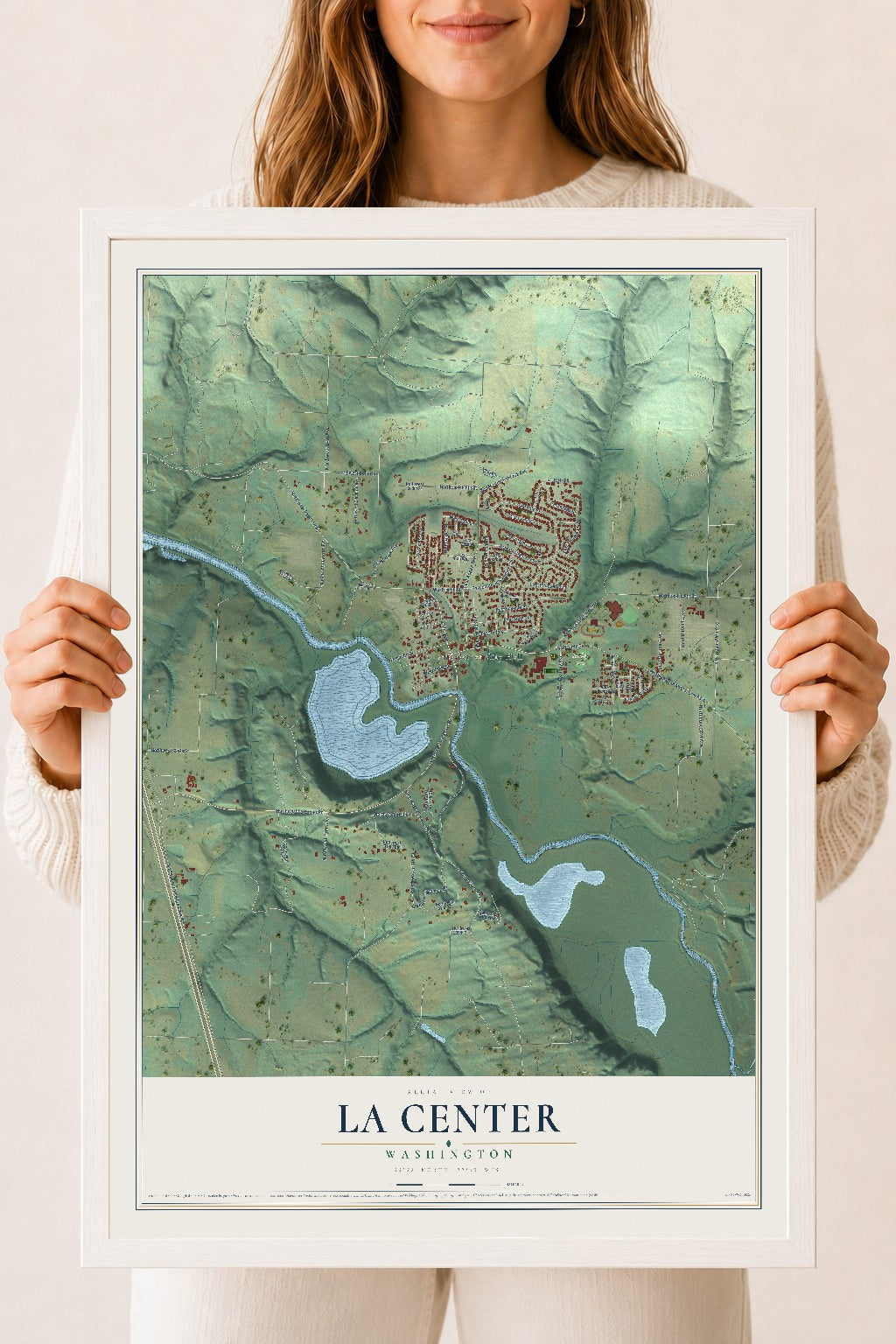 Map of La Center, Washington, 18 x 24 inch print in a white wood frame