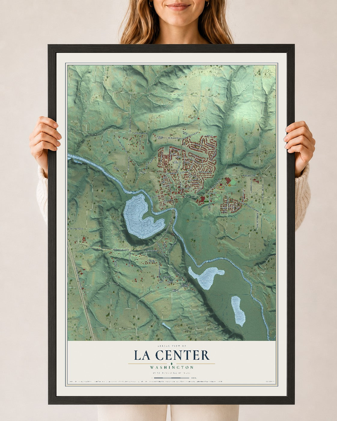 Map of La Center, Washington, 24 x 36 inch print in a black wood frame