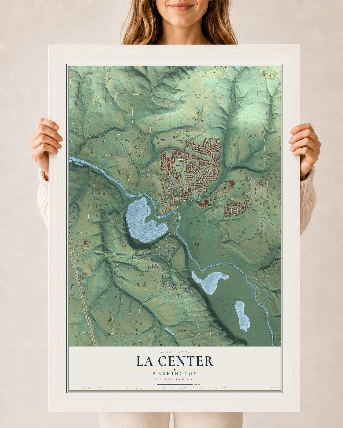 Map of La Center, Washington, 24 x 36 inch print in a white wood frame