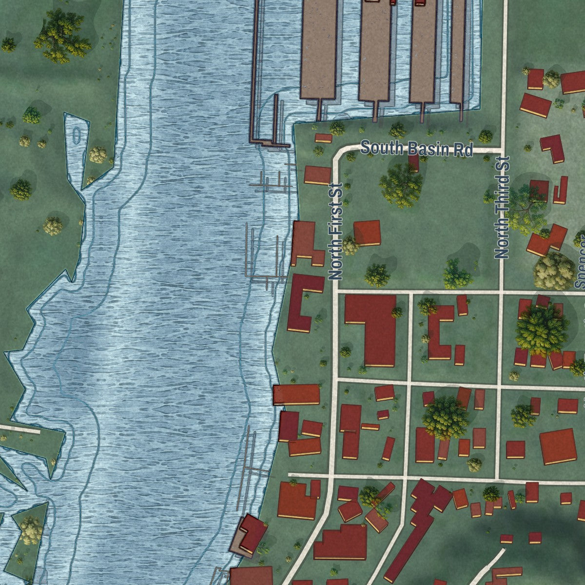 Close-up of the map of La Conner, Washington print showing street and building detail