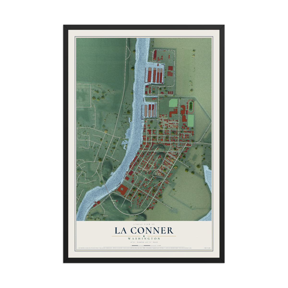 Map of La Conner, Washington, 12 x 18 inch print in a black wood frame