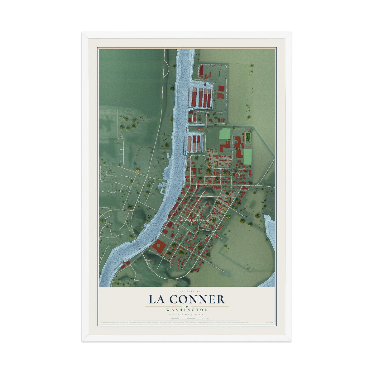 Map of La Conner, Washington, 12 x 18 inch print in a white wood frame