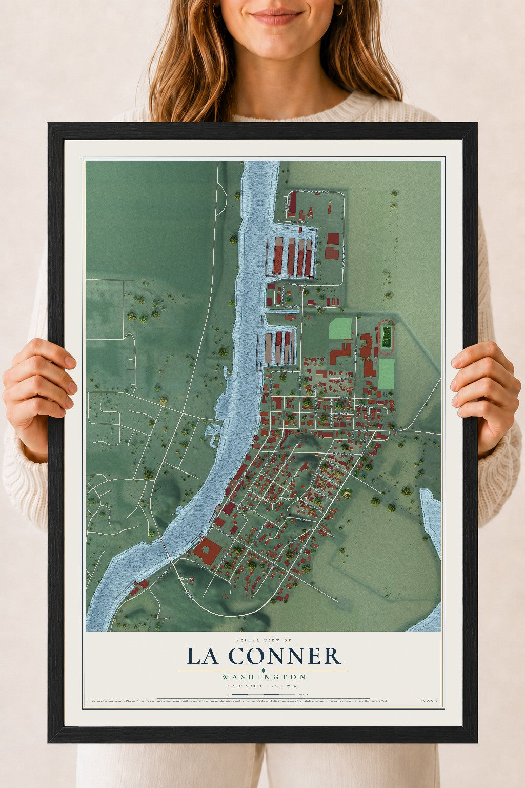 Map of La Conner, Washington, 18 x 24 inch print in a black wood frame