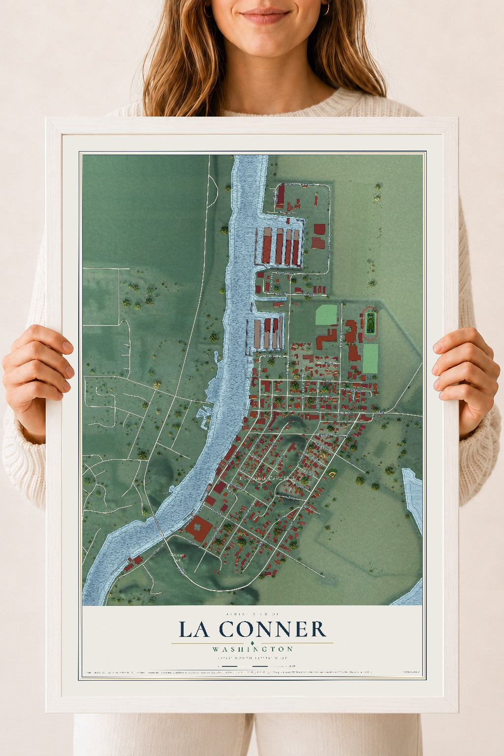Map of La Conner, Washington, 18 x 24 inch print in a white wood frame